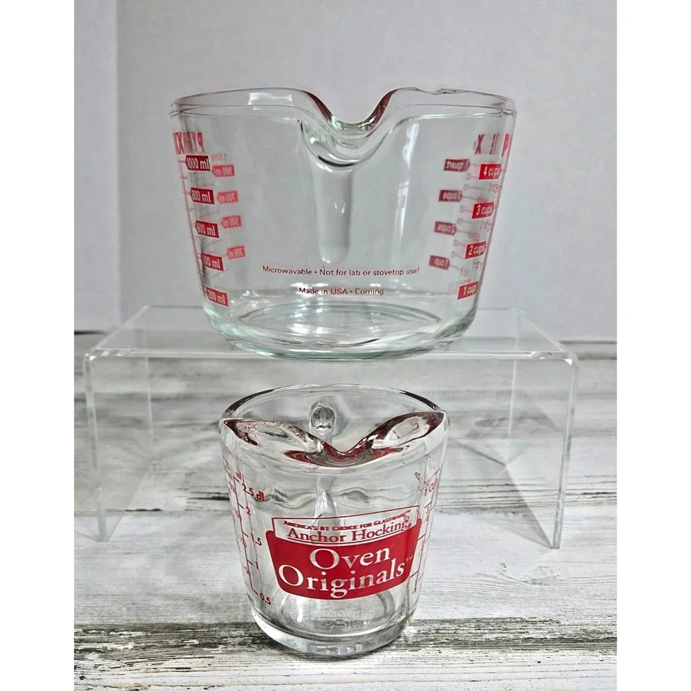 Vintage Pyrex 4 Cup & Anchor Hocking 1 Cup Measuring Cups Set Red Letters CHIP
